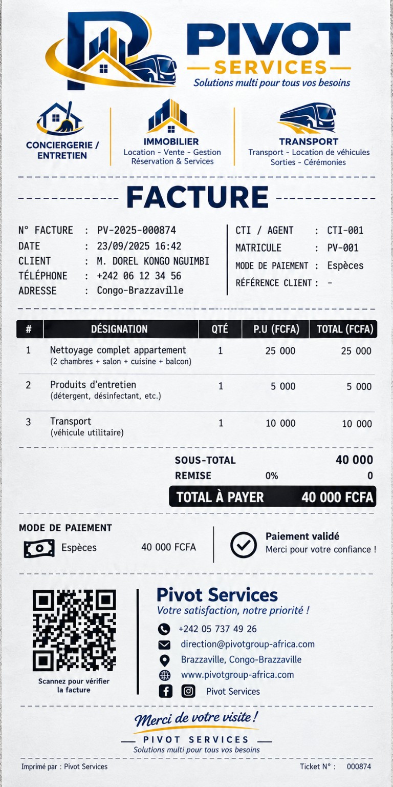 Modèle de reçu Pivot Services
